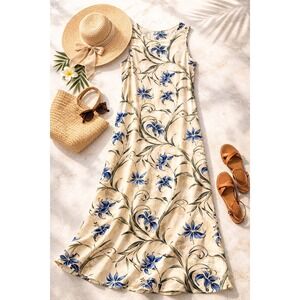 Vintage Caribbean Joe Floral Maxi Dress Rayon Tropical Blue Cream Large